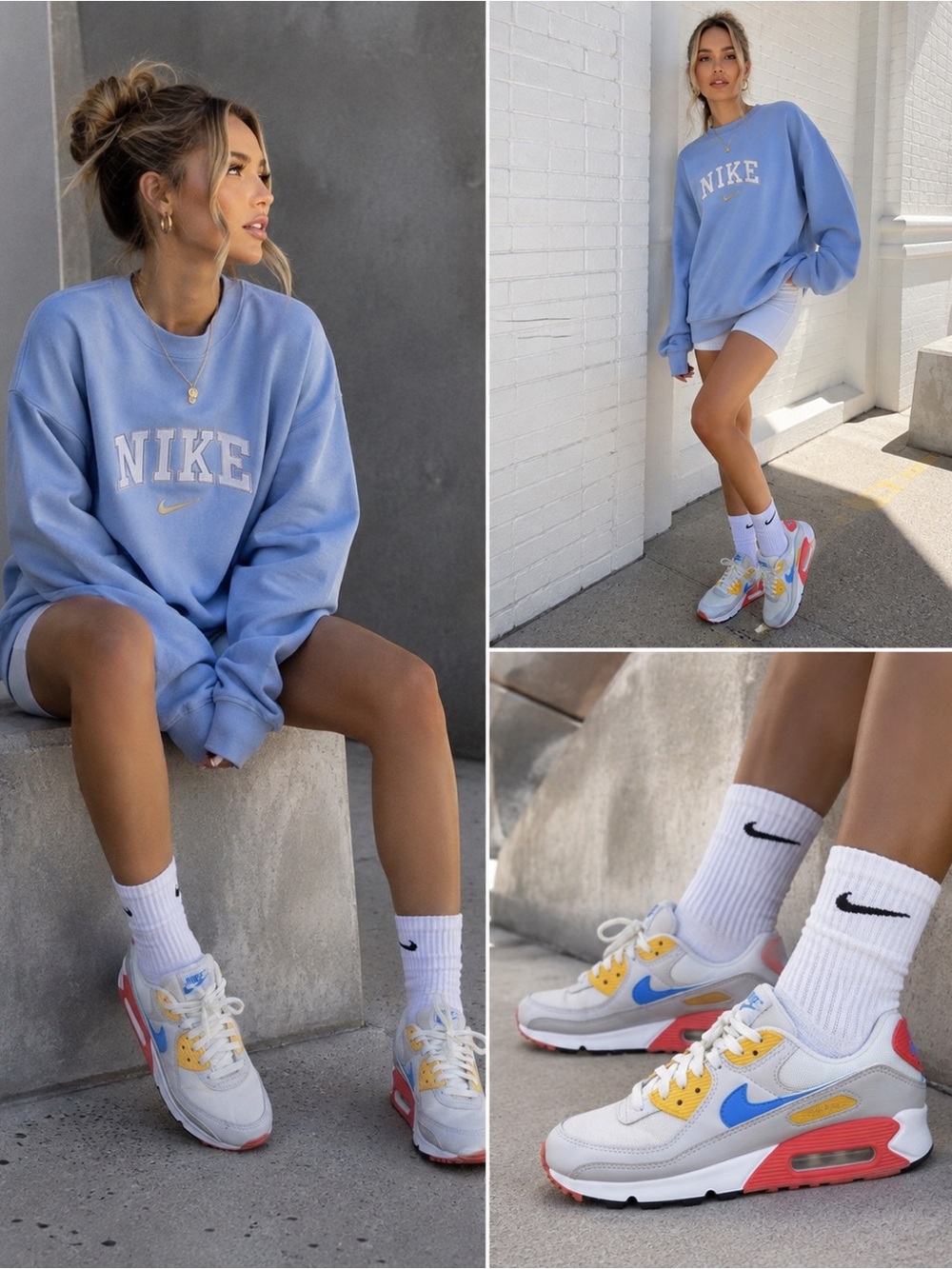 Nike Women’s Air Max 90 Sneakers in White, Blue & Yellow Spring colors.
